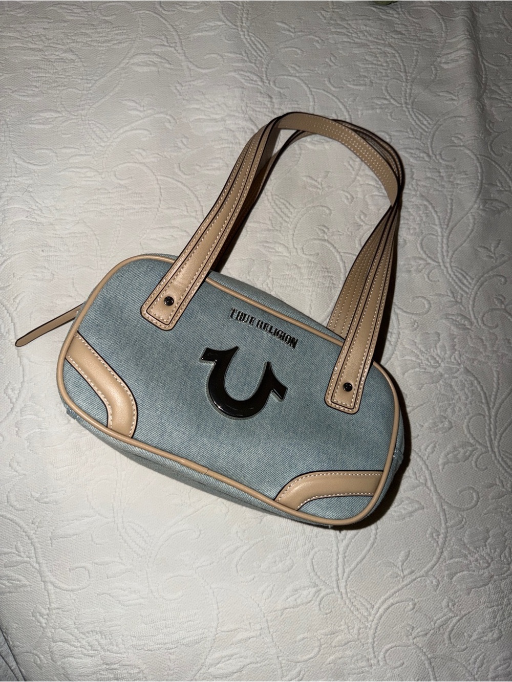 True Religion Denim Shoulder Bag with Tan Trim and Black Logo